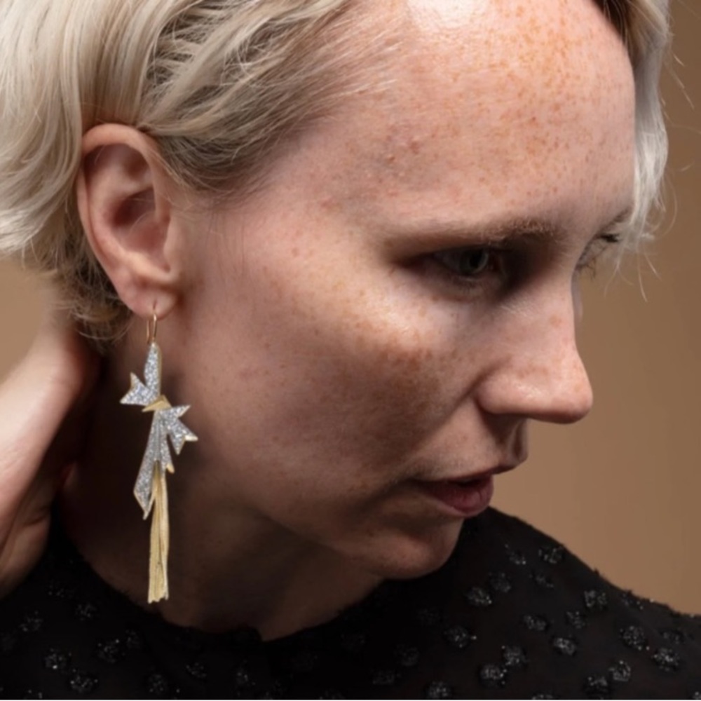 ALEXIS BITTAR • Origami Crystal Bow Fringe Drop Matte Silver Statement Earrings - Picture 2 of 13
